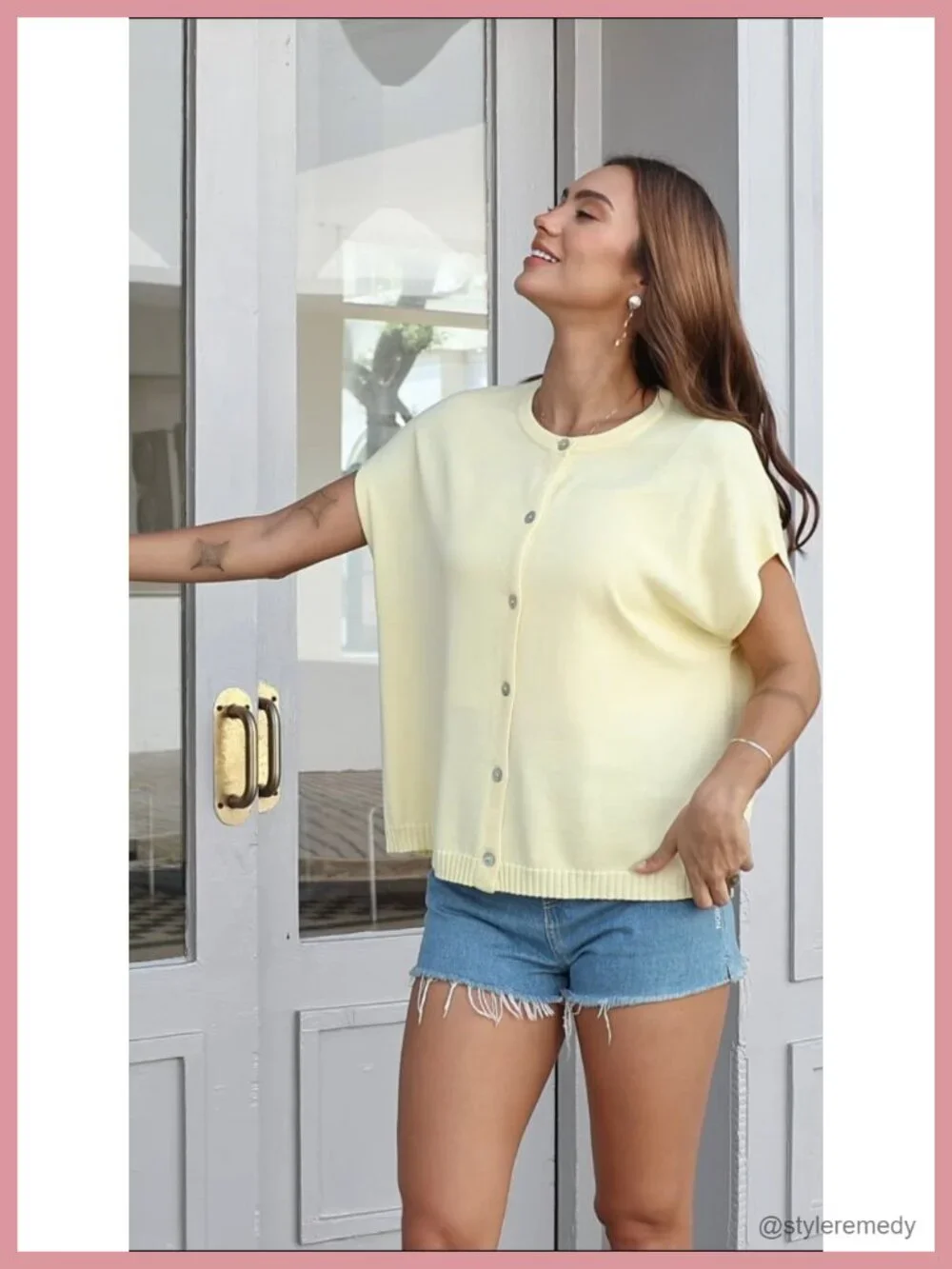 Oversized Short Sleeve Cardigan Women Lightweight Button Down Soft Knit Crew